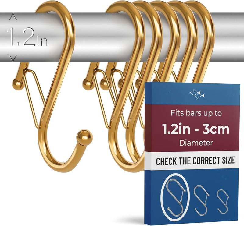 Blau Marité 6-Pack Metal S Hooks for Hanging – Heavy-Duty S-Shaped Hook with Safety Buckle – Fits Bars up to 1.2 in – Anti-Drop S-Hooks for Closet, Wardrobes & Storage – Golden (Large) - Image 1